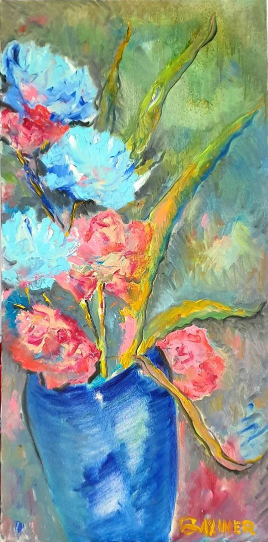 A bouquet of flowers in the picture. Painting with a palette knife.