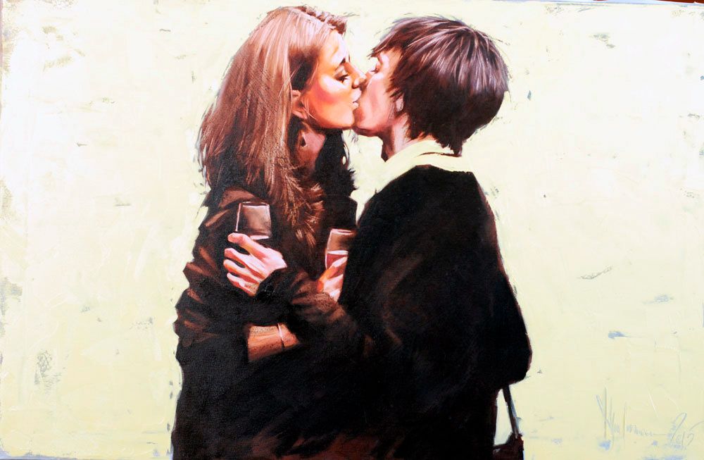 Kissing couple, modern painting, painting by Igor Shulman, Two girls in the picture, yellow background
