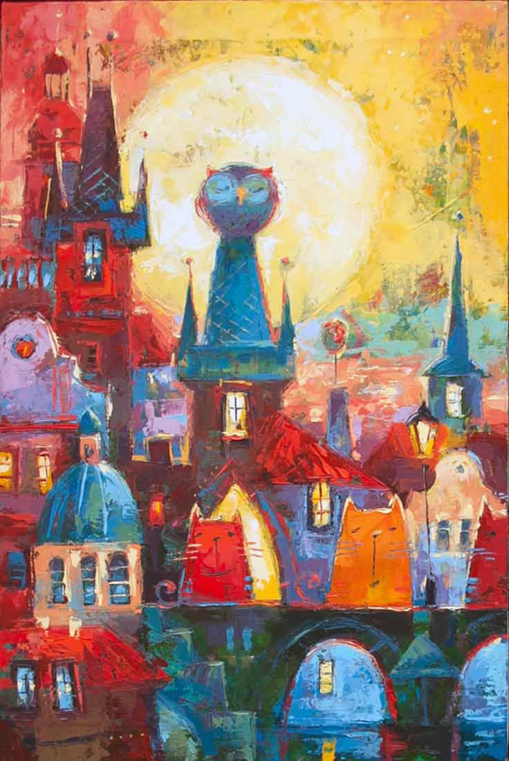Sunrise. Owl on a medieval tower. Old City. Fabulous picture. Cats on the bridge. Shining lantern in the old town.