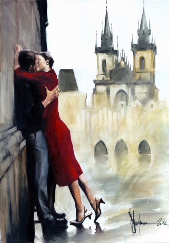 Prague. Kissing couple. Romantic picture. Tyn Church. Painting of Prague