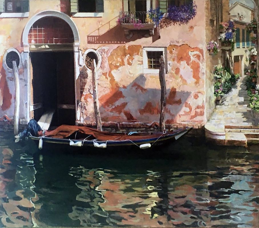 Boats on the water. Venetian canals. Reflection on the water. Contemporary realism in painting.