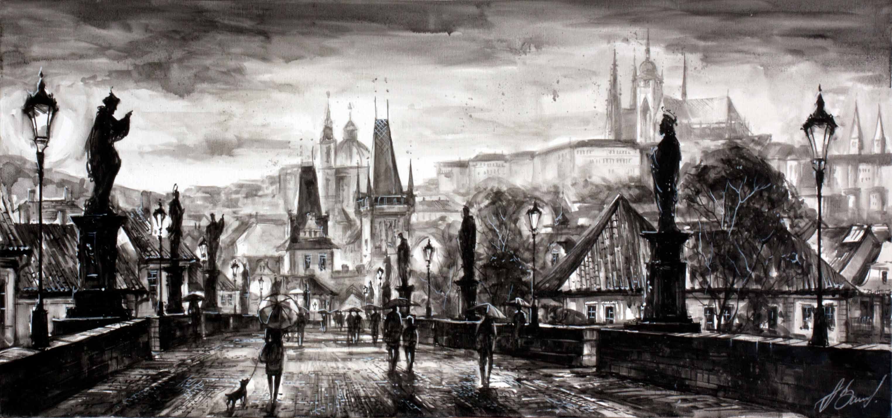 "Rainy Prague" original oil on canvas by Alexandr Klemens