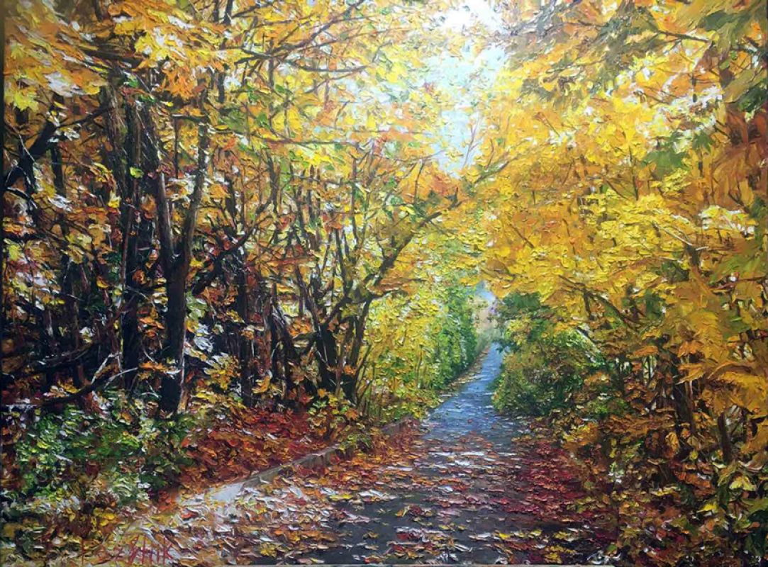 Golden autumn. Modern landscape. Forest and road in the picture. Falling leaves in autumn.