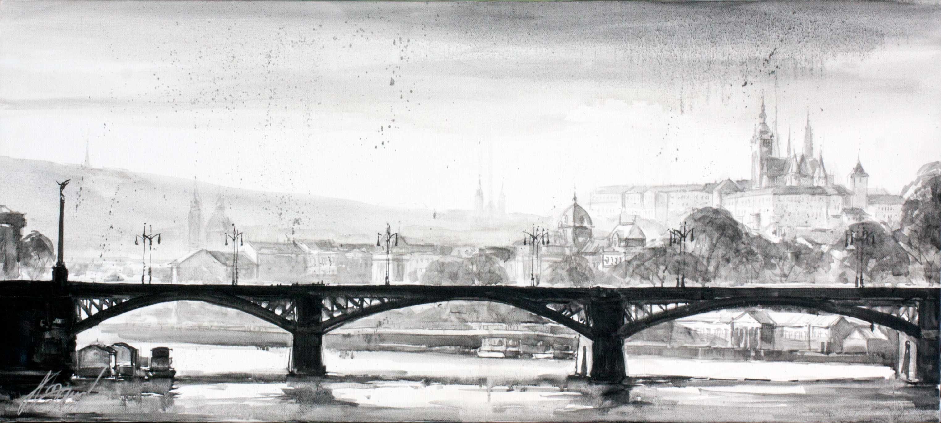Prague in paintings. Artworks by Alexandr Klemens. Satija Gallery. Black and white. Oil on canvas