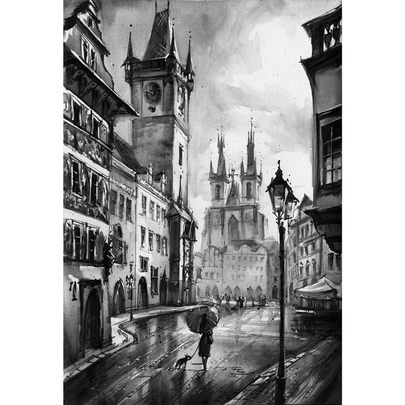 black and white painting. Oil painting on a stretcher. Old Town Square. Gothic architecture.