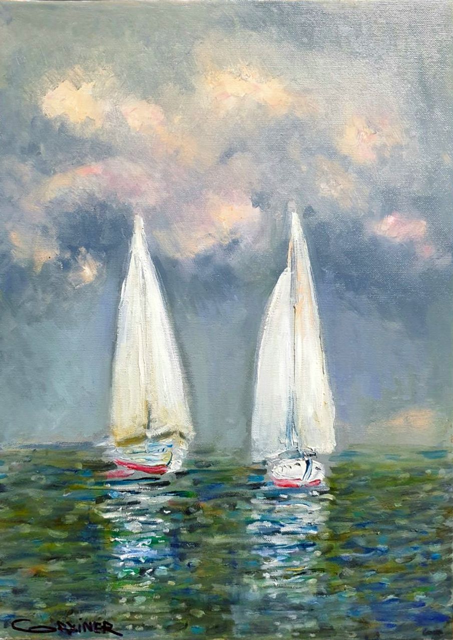The sea in the picture. Sailboats. Impressionism. Living paints. Contemporary painting in the Satija Gallery